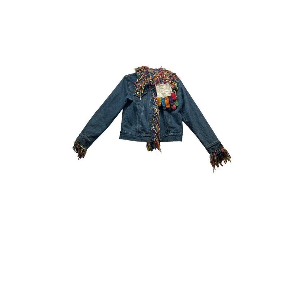 Amano Womens M Blue Denim Multicolor Wool Shag Trim Gloves Jean Jacket